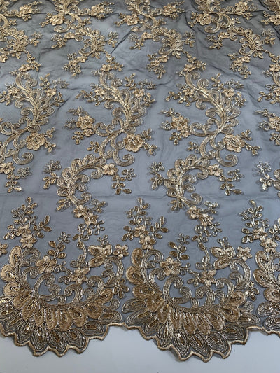 Melody GOLD Polyester Floral Embroidery with Sequins on BLACK Mesh Lace Fabric by the Yard for Gown, Wedding, Bridesmaid, Prom - 10002