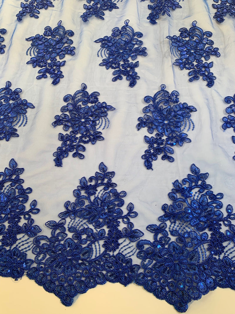 Brianna ROYAL BLUE Polyester Floral Embroidery with Sequins on Mesh Lace Fabric by the Yard - 10020