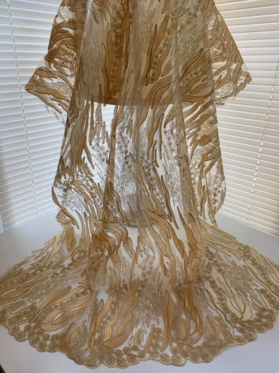 Katelyn GOLD Vines and Swirls Corded Embroidery on Mesh Fabric by the Yard - 10045