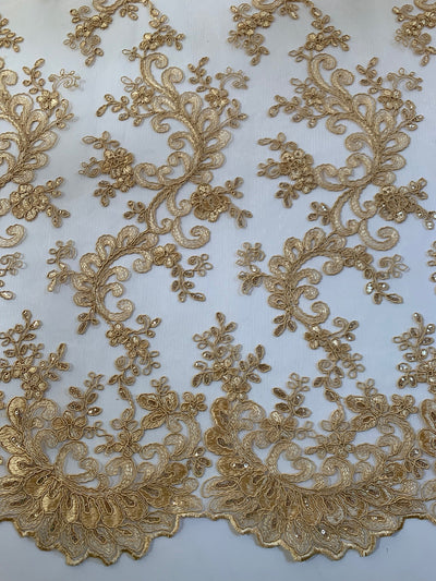 Melody GOLD Polyester Floral Embroidery with Sequins on Mesh Lace Fabric by the Yard for Gown, Wedding, Bridesmaid, Prom - 10002