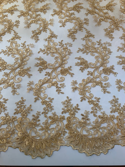 Melody GOLD Polyester Floral Embroidery with Sequins on Mesh Lace Fabric by the Yard for Gown, Wedding, Bridesmaid, Prom - 10002