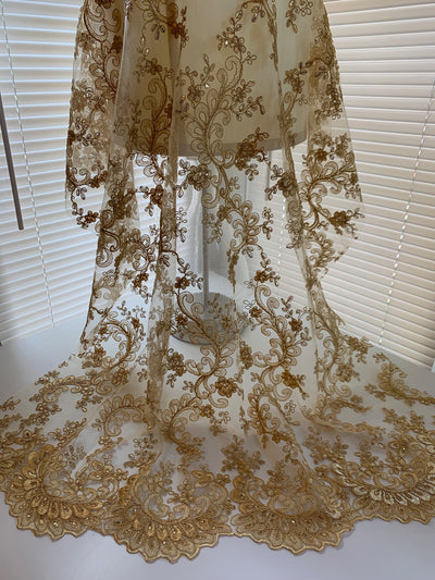 Melody GOLD Polyester Floral Embroidery with Sequins on Mesh Lace Fabric by the Yard for Gown, Wedding, Bridesmaid, Prom - 10002