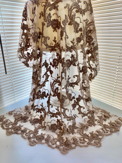 Jayla TAUPE Floral Embroidery with Beads and Sequins on Mesh Lace Fabric by the Yard - 10044