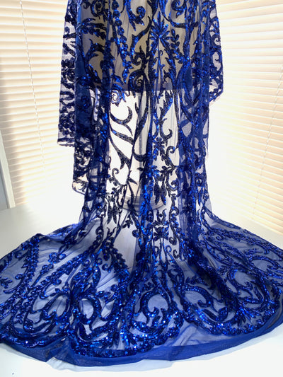 Esmeralda ROYAL BLUE Sequins on Mesh Lace Fabric by the Yard - 10102