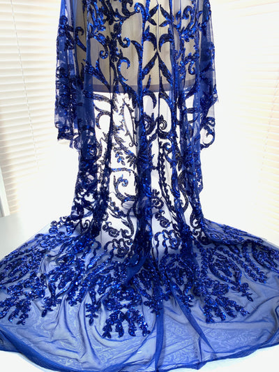 Esmeralda ROYAL BLUE Sequins on Mesh Lace Fabric by the Yard - 10102