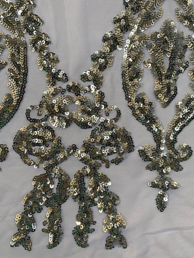 Esmeralda SILVER Sequins on WHITE Mesh Lace Fabric by the Yard - 10102