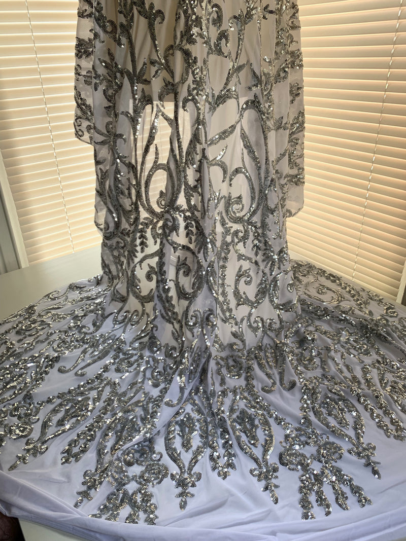 Esmeralda SILVER Sequins on WHITE Mesh Lace Fabric by the Yard - 10102