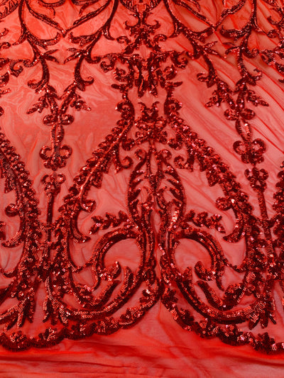 Esmeralda RED Sequins on Mesh Lace Fabric by the Yard - 10102