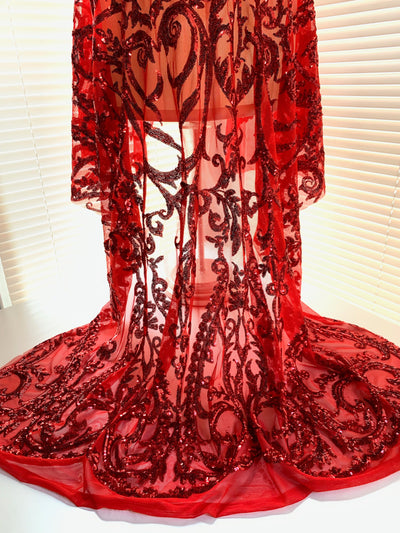 Esmeralda RED Sequins on Mesh Lace Fabric by the Yard - 10102