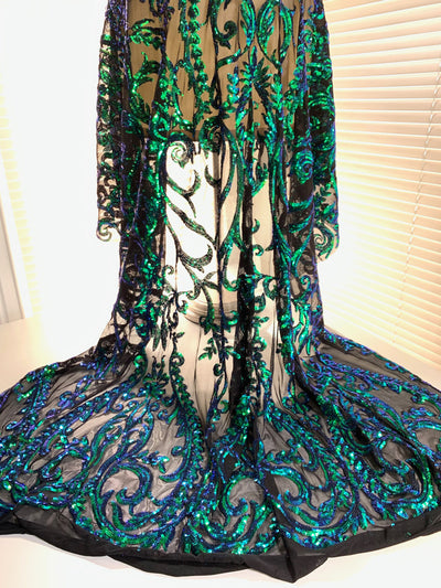 Esmeralda IRIDESCENT GREEN BLUE Mermaid Sequins on Mesh Lace Fabric by the Yard - 10102