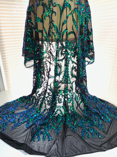 Esmeralda IRIDESCENT GREEN BLUE Mermaid Sequins on Mesh Lace Fabric by the Yard - 10102