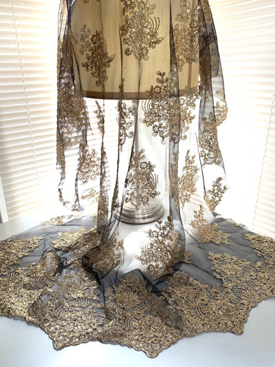 Brianna GOLD Polyester Floral Embroidery with Sequins on BLACK Mesh Lace Fabric by the Yard - 10020