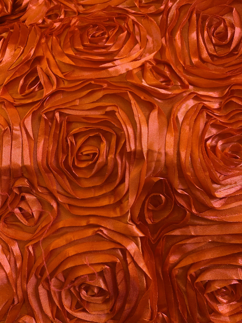 Paige BURNT ORANGE 3D Floral Polyester Satin Rosette Fabric by the Yard - 10028