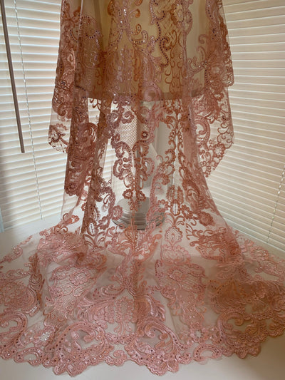 Vivian BLUSH PINK Polyester Embroidery with Sequins on Mesh Lace Fabric by the Yard for Gown, Wedding, Bridesmaid, Prom - 10003