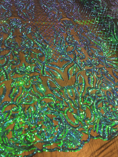 Phoebe IRIDESCENT GREEN BLUE Sequins on Mesh Lace Fabric by the Yard - 10062