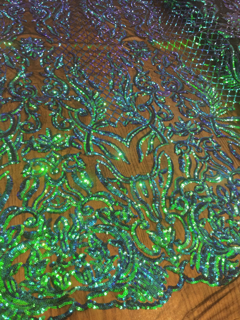 Phoebe IRIDESCENT GREEN BLUE Sequins on Mesh Lace Fabric by the Yard - 10062