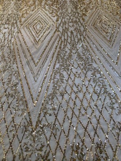 Averie CHAMPAGNE Geometric Butterfly Sequins on Mesh Lace Fabric by the Yard - 10113