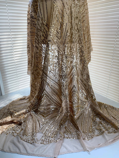 Averie CHAMPAGNE Geometric Butterfly Sequins on Mesh Lace Fabric by the Yard - 10113