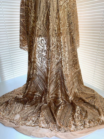 Averie GOLD Geometric Butterfly Sequins on Mesh Lace Fabric by the Yard - 10113