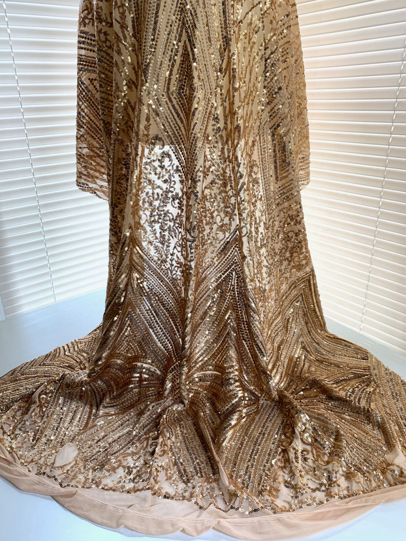 Averie GOLD Geometric Butterfly Sequins on Mesh Lace Fabric by the Yard - 10113