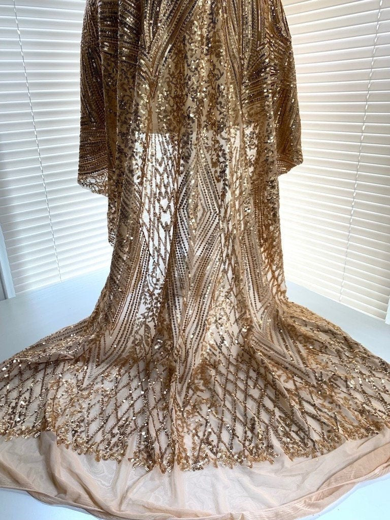 Averie GOLD Geometric Butterfly Sequins on Mesh Lace Fabric by the Yard - 10113