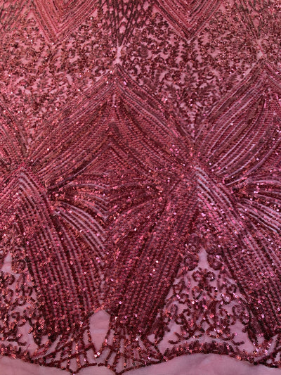 Averie BURGUNDY Geometric Butterfly Sequins on Mesh Lace Fabric by the Yard - 10113