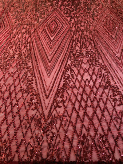 Averie BURGUNDY Geometric Butterfly Sequins on Mesh Lace Fabric by the Yard - 10113