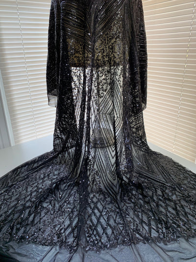 Averie BLACK Geometric Butterfly Sequins on Mesh Lace Fabric by the Yard - 10113