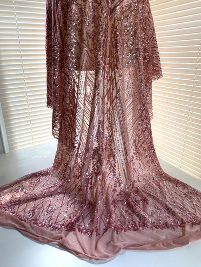 Averie DUSTY PINK Geometric Butterfly Sequins on Mesh Lace Fabric by the Yard - 10113