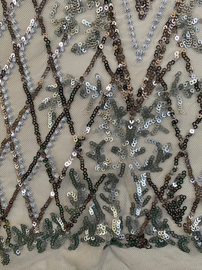 Averie GREY Geometric Butterfly Sequins on Mesh Lace Fabric by the Yard - 10113