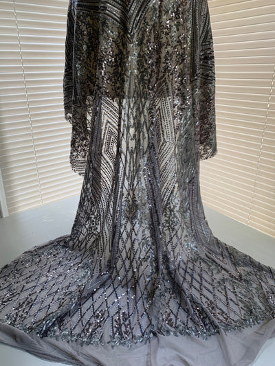 Averie GREY Geometric Butterfly Sequins on Mesh Lace Fabric by the Yard - 10113