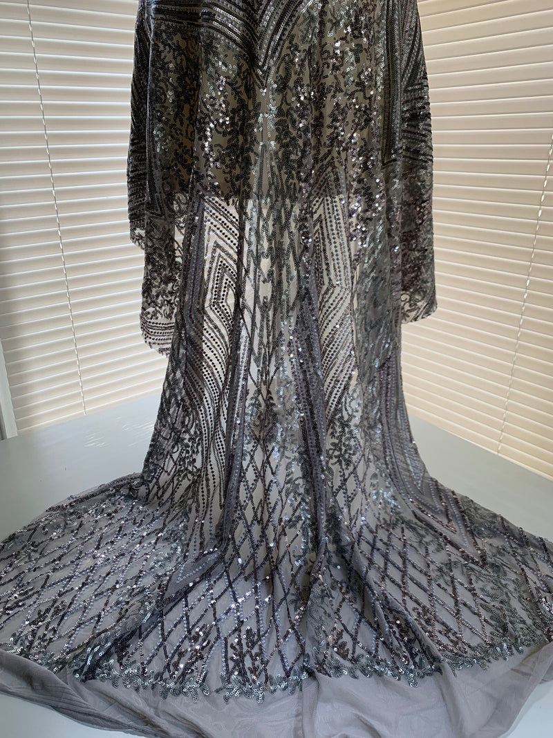 Averie GREY Geometric Butterfly Sequins on Mesh Lace Fabric by the Yard - 10113