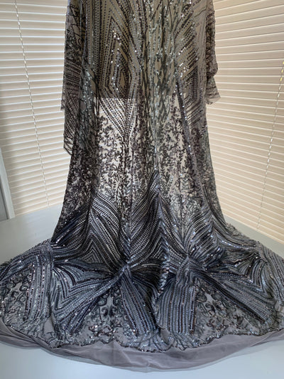 Averie GREY Geometric Butterfly Sequins on Mesh Lace Fabric by the Yard - 10113
