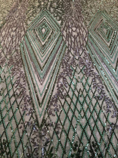 Averie HUNTER GREEN Geometric Butterfly Sequins on Mesh Lace Fabric by the Yard - 10113