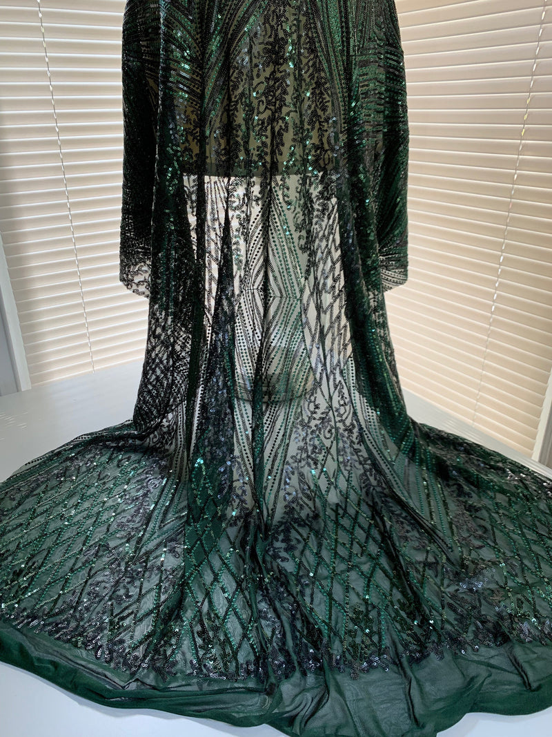Averie HUNTER GREEN Geometric Butterfly Sequins on Mesh Lace Fabric by the Yard - 10113