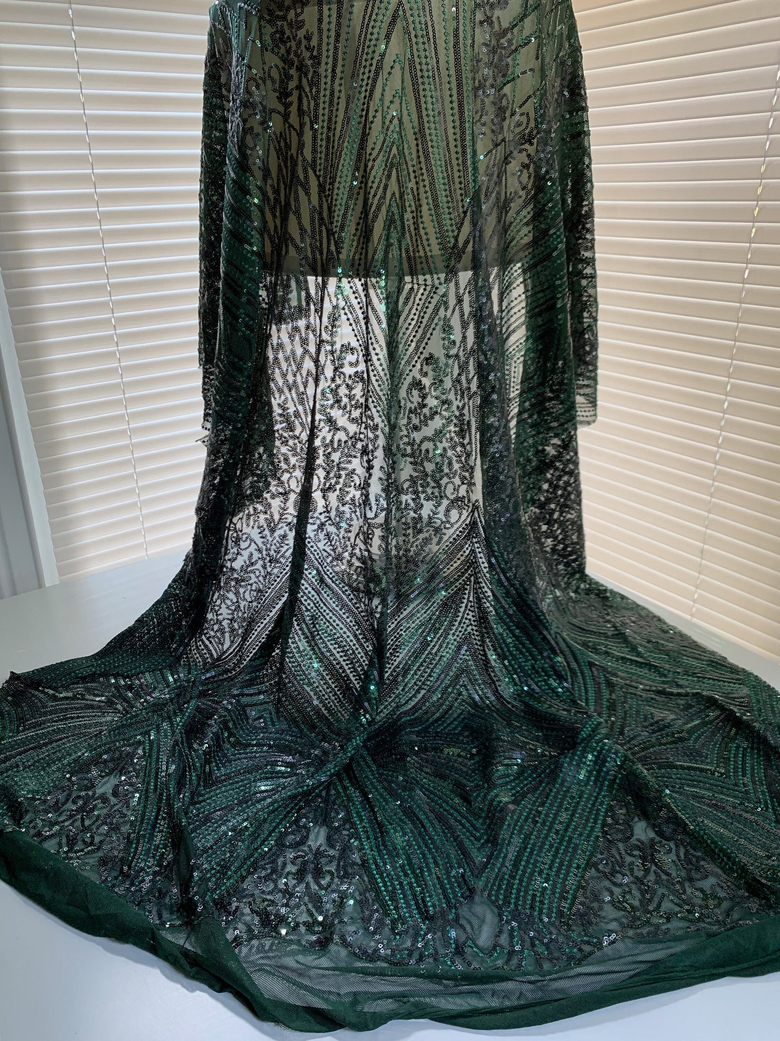 Averie HUNTER GREEN Geometric Butterfly Sequins on Mesh Lace Fabric by the Yard - 10113