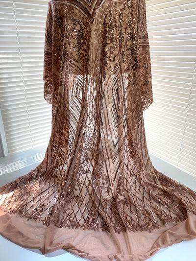 Averie BRONZE Geometric Butterfly Sequins on Mesh Lace Fabric by the Yard - 10113