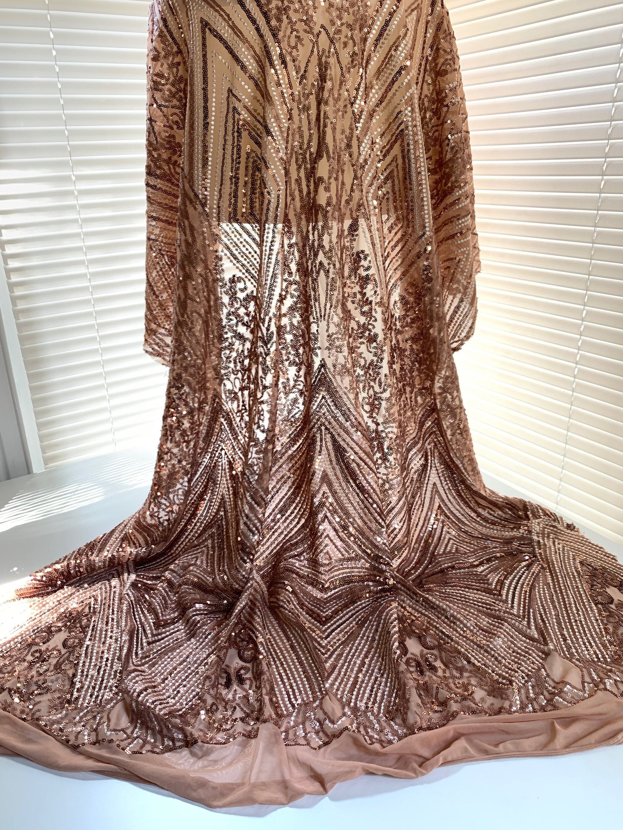 Averie BRONZE Geometric Butterfly Sequins on Mesh Lace Fabric by the Yard - 10113