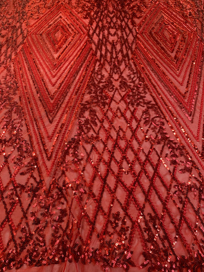 Averie RED Geometric Butterfly Sequins on Mesh Lace Fabric by the Yard - 10113