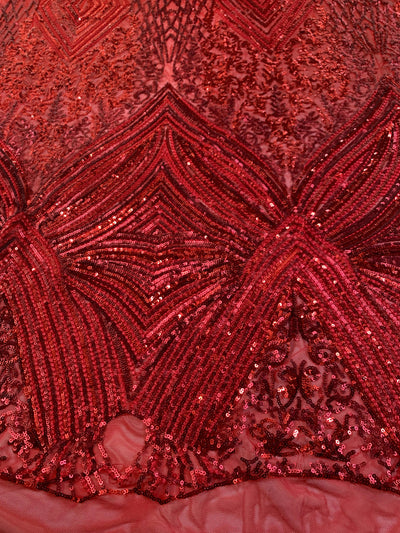 Averie RED Geometric Butterfly Sequins on Mesh Lace Fabric by the Yard - 10113