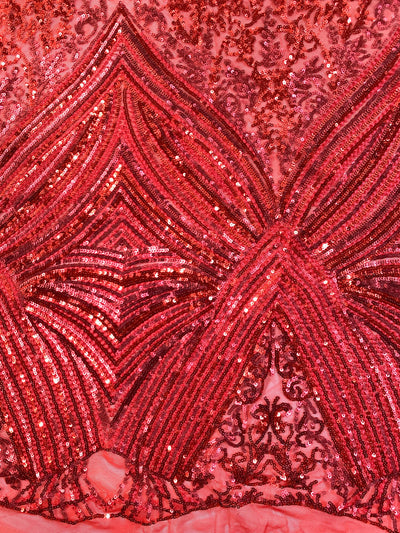 Averie RED Geometric Butterfly Sequins on Mesh Lace Fabric by the Yard - 10113