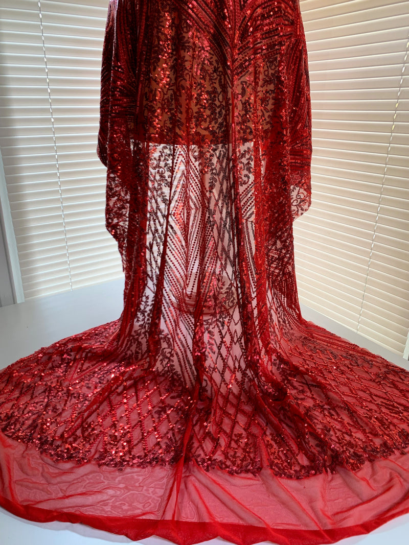 Averie RED Geometric Butterfly Sequins on Mesh Lace Fabric by the Yard - 10113