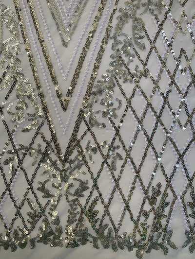 Averie SILVER Geometric Butterfly Sequins on Mesh Lace Fabric by the Yard - 10113