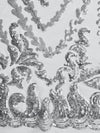 Miranda SILVER Vines and Leaves Sequins on WHITE Mesh Lace Fabric by the Yard - 10061
