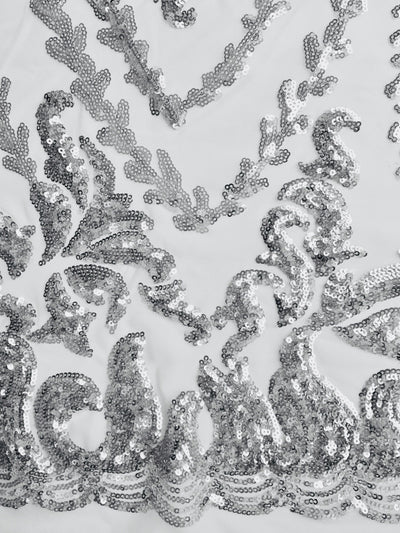 Miranda SILVER Vines and Leaves Sequins on WHITE Mesh Lace Fabric by the Yard - 10061