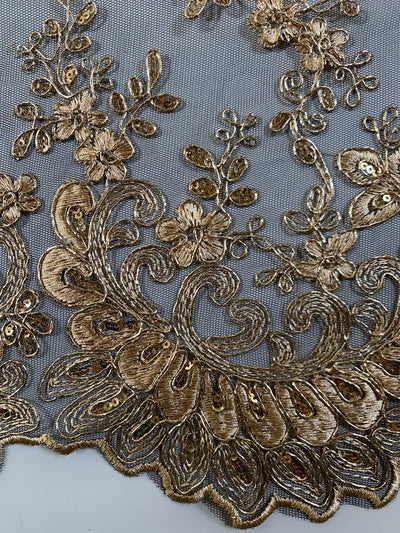 Melody GOLD Polyester Floral Embroidery with Sequins on BLACK Mesh Lace Fabric by the Yard for Gown, Wedding, Bridesmaid, Prom - 10002