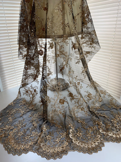 Melody GOLD Polyester Floral Embroidery with Sequins on BLACK Mesh Lace Fabric by the Yard for Gown, Wedding, Bridesmaid, Prom - 10002