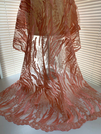 Katelyn PEACH Vines and Swirls Corded Embroidery on Mesh Fabric by the Yard - 10045