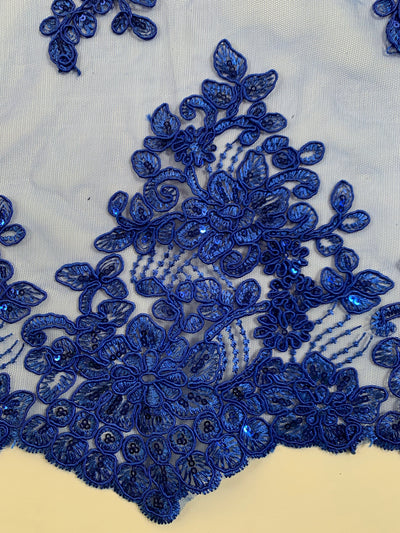 Brianna ROYAL BLUE Polyester Floral Embroidery with Sequins on Mesh Lace Fabric by the Yard - 10020