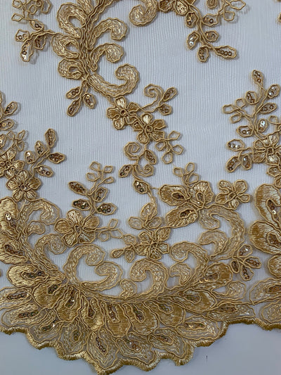 Melody GOLD Polyester Floral Embroidery with Sequins on Mesh Lace Fabric by the Yard for Gown, Wedding, Bridesmaid, Prom - 10002